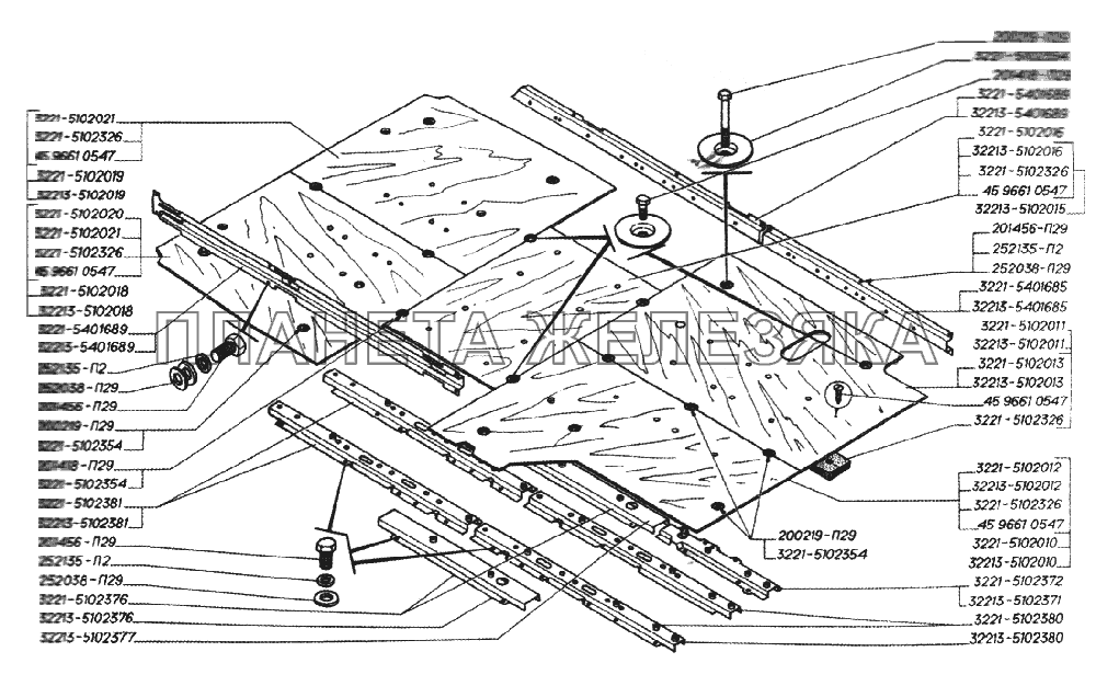 Настил пола, усилители настила, рейки боковины ГАЗ-3221 (2006)